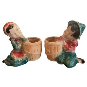 Vintage Royal Copley 1950’s 1960’s Girl And Boy w Barrel Planters Made in USA